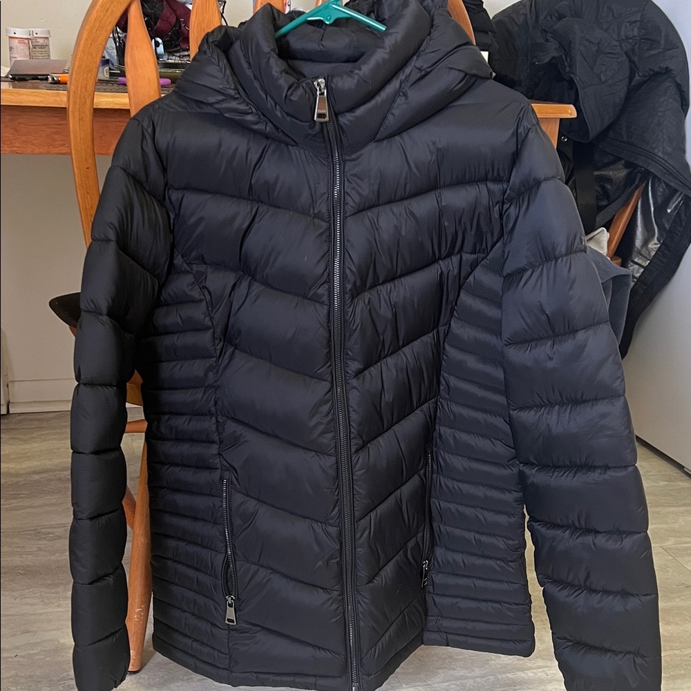 Black Quilted Puffer Jacket with Hood DKNY
